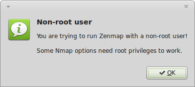 Zenmap warning non-root users on startup.
