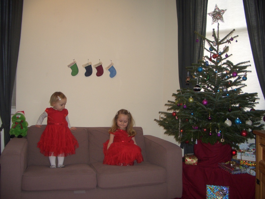 Jamie, Tyler, Pascale, and Frances next to the tree